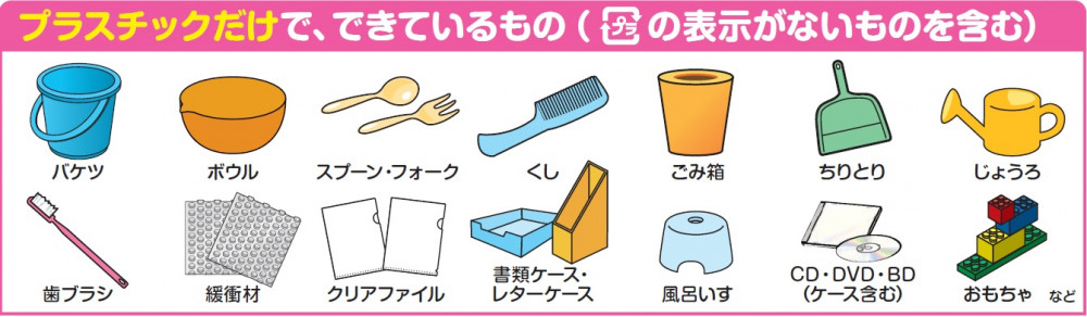 プラスチックだけでできているもの（プラマークの表示がないものを含む）、プラスチックだけに分けて出せるもの