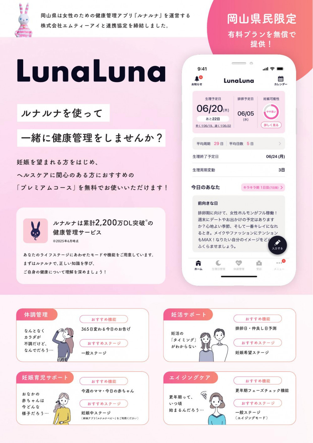 ウィメンズヘルスケアサービス「ルナルナ」プレミアムコースの無償提供